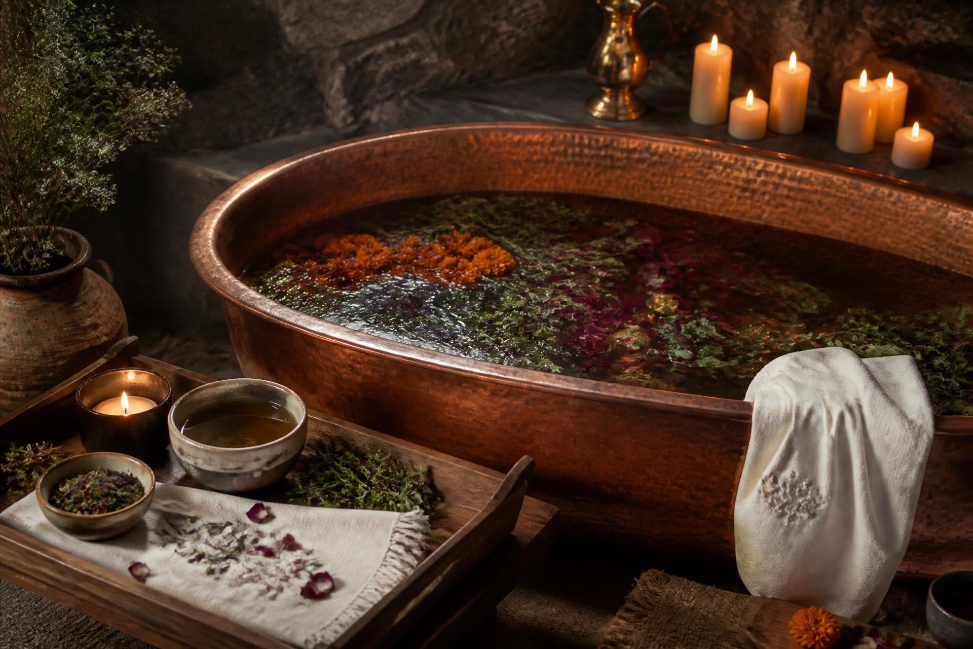 Luxury herbal soaking ritual with floating botanicals